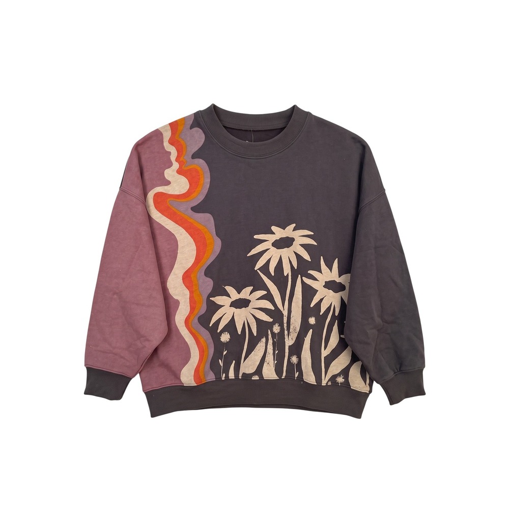 NWT Natural Life Womens Floral  Sweatshirt Grey Mauve Boho Retro Pullover Size S